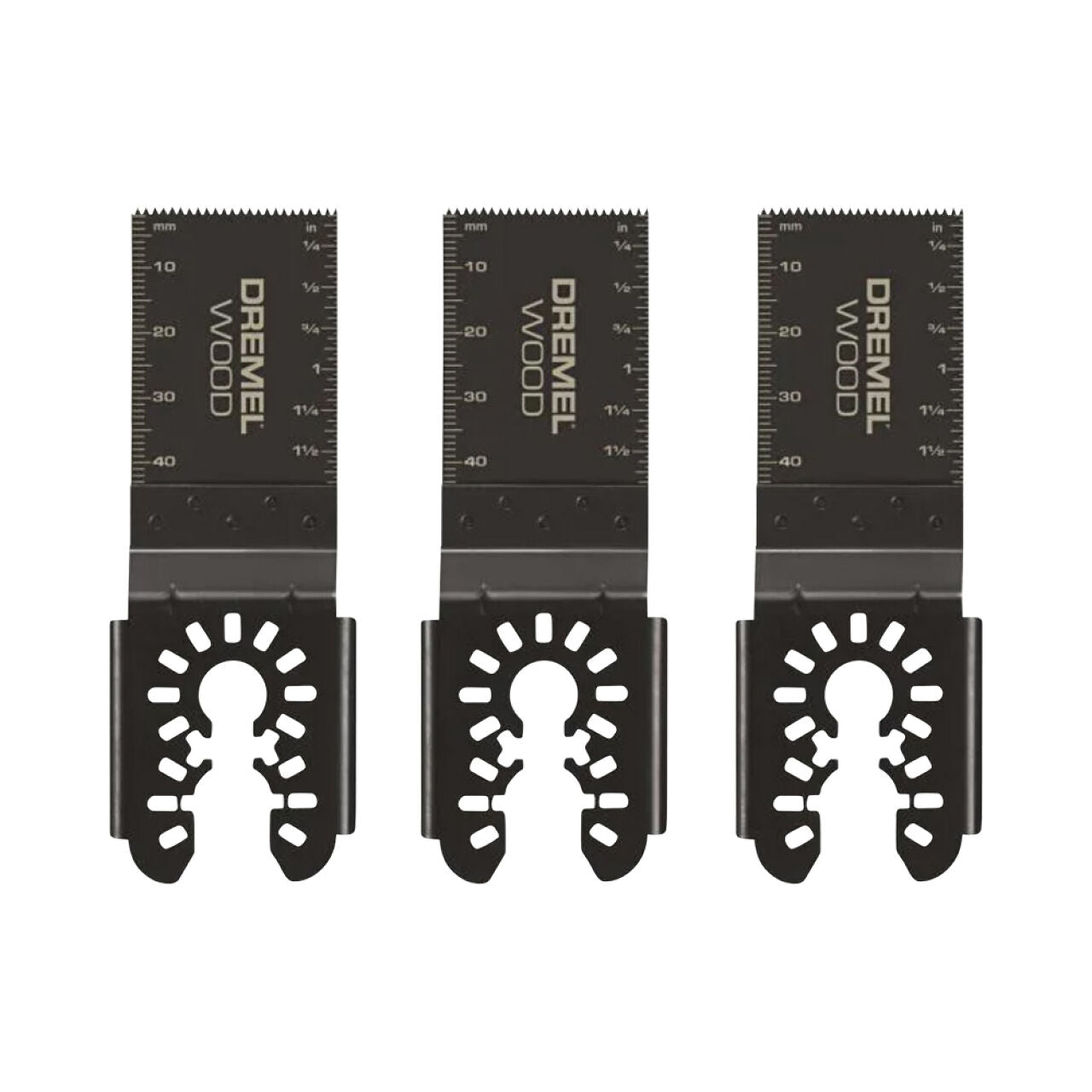 Three Go Build 1-1/4 in. Wood Flush Cutting Oscillating Multi-Tool Blades are shown side by side, each featuring measurement markings and precise base designs for accurate wood flush cutting.